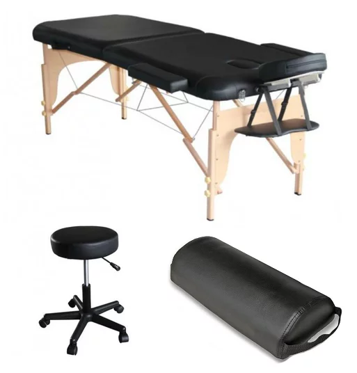 Confezione Mediprem Eco Pro Black: il  lettino da massaggio pieghevole in legno Mediprem con sgabello e cuscino da massaggio